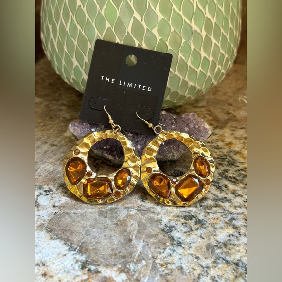 The Limited Jewelry - Gold Hammered Brown Gemstone Earrings